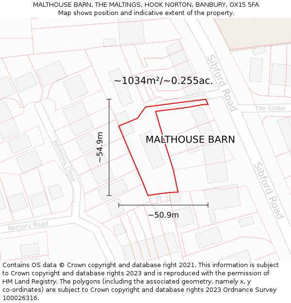 MALTHOUSE BARN, THE MALTINGS, HOOK NORTON, BANBURY, OX15 5FA: Plot and title map