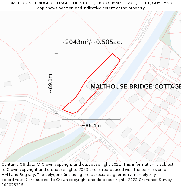MALTHOUSE BRIDGE COTTAGE, THE STREET, CROOKHAM VILLAGE, FLEET, GU51 5SD: Plot and title map