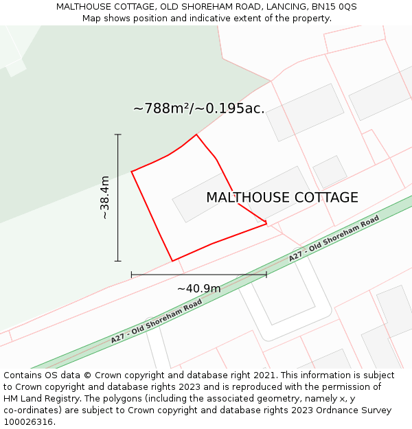 MALTHOUSE COTTAGE, OLD SHOREHAM ROAD, LANCING, BN15 0QS: Plot and title map