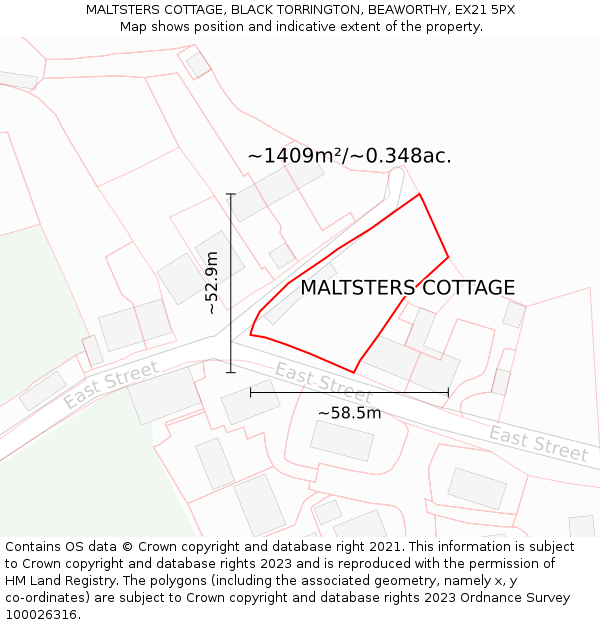 MALTSTERS COTTAGE, BLACK TORRINGTON, BEAWORTHY, EX21 5PX: Plot and title map