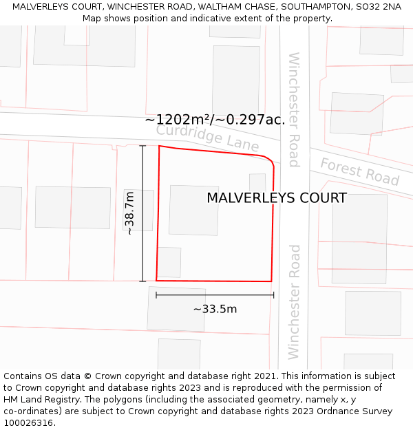 MALVERLEYS COURT, WINCHESTER ROAD, WALTHAM CHASE, SOUTHAMPTON, SO32 2NA: Plot and title map