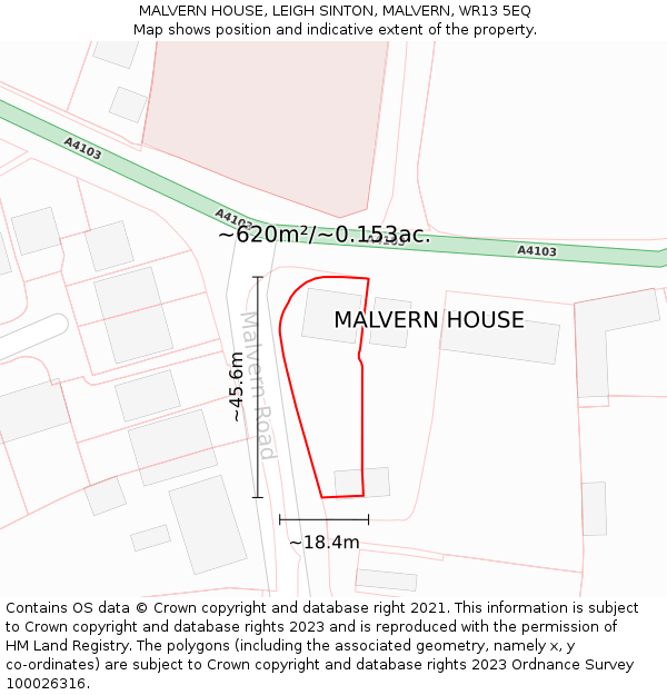 MALVERN HOUSE, LEIGH SINTON, MALVERN, WR13 5EQ: Plot and title map