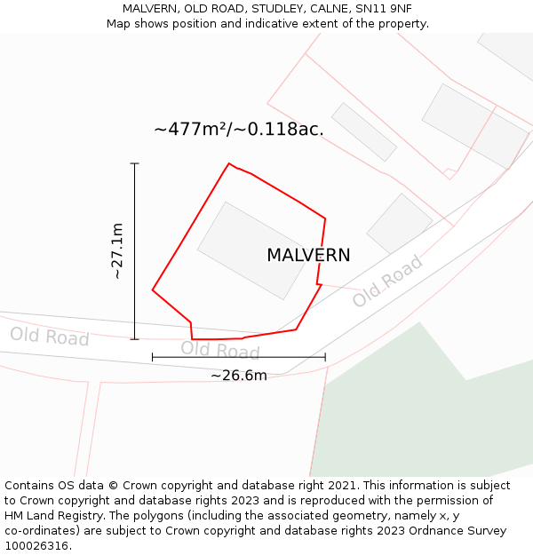 MALVERN, OLD ROAD, STUDLEY, CALNE, SN11 9NF: Plot and title map