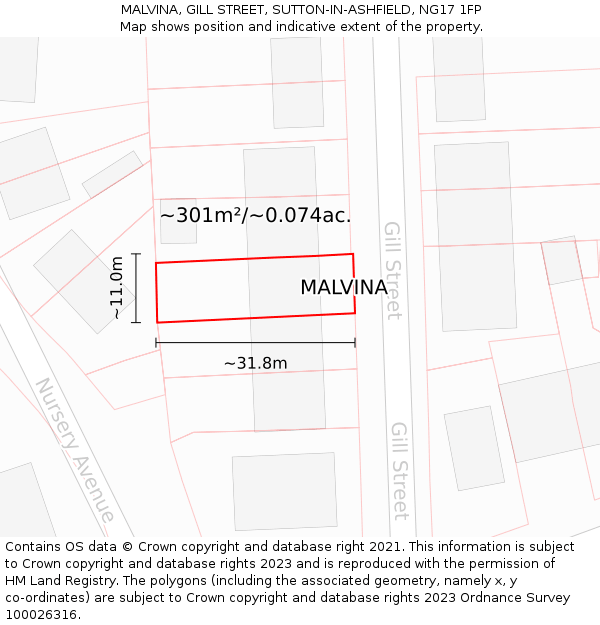 MALVINA, GILL STREET, SUTTON-IN-ASHFIELD, NG17 1FP: Plot and title map