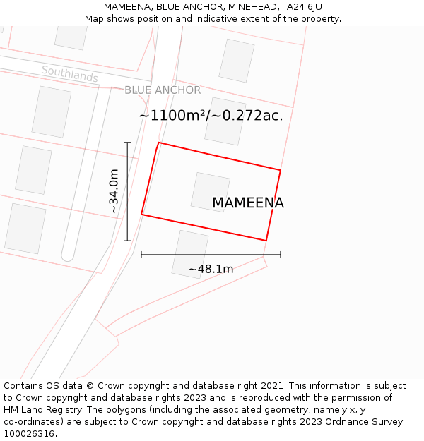 MAMEENA, BLUE ANCHOR, MINEHEAD, TA24 6JU: Plot and title map