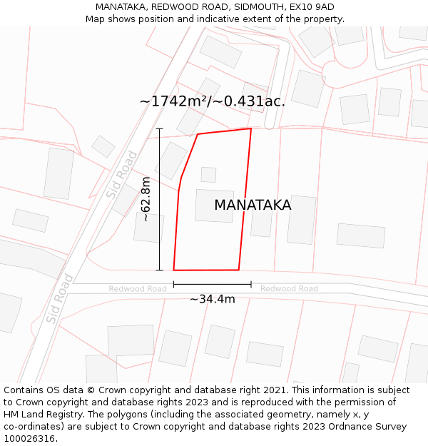 MANATAKA, REDWOOD ROAD, SIDMOUTH, EX10 9AD: Plot and title map