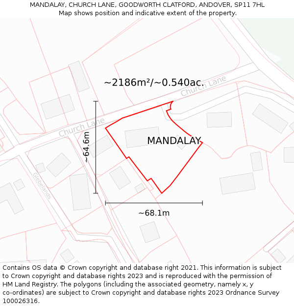 MANDALAY, CHURCH LANE, GOODWORTH CLATFORD, ANDOVER, SP11 7HL: Plot and title map