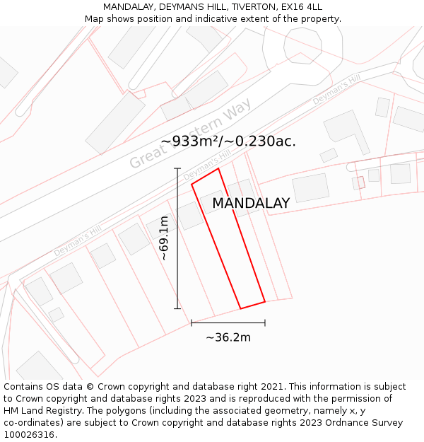 MANDALAY, DEYMANS HILL, TIVERTON, EX16 4LL: Plot and title map