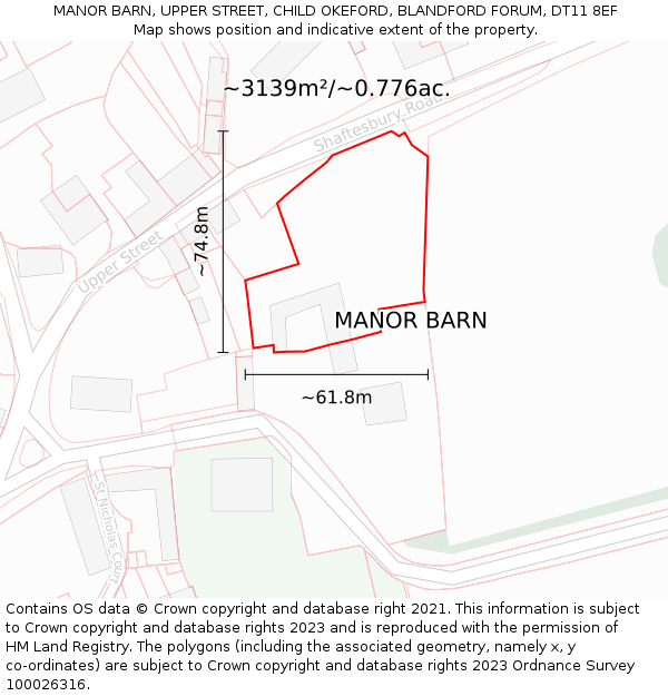 MANOR BARN, UPPER STREET, CHILD OKEFORD, BLANDFORD FORUM, DT11 8EF: Plot and title map