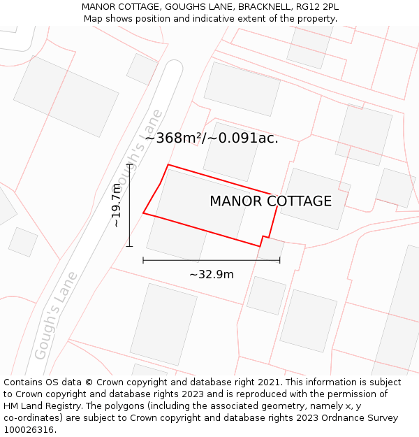 MANOR COTTAGE, GOUGHS LANE, BRACKNELL, RG12 2PL: Plot and title map