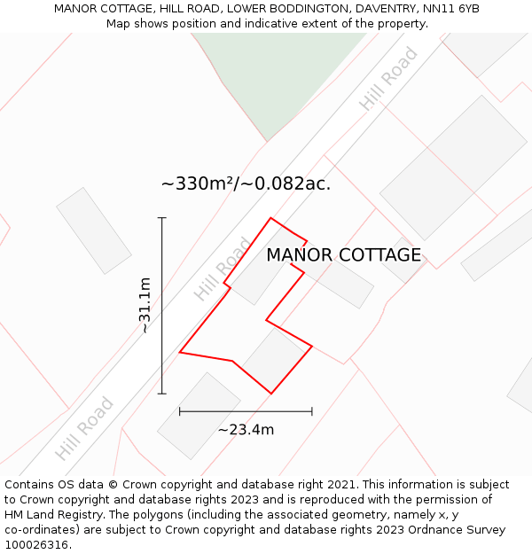 MANOR COTTAGE, HILL ROAD, LOWER BODDINGTON, DAVENTRY, NN11 6YB: Plot and title map