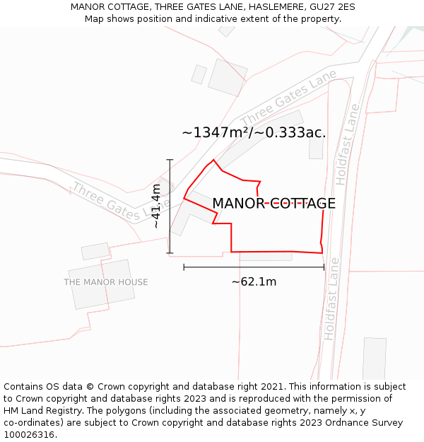MANOR COTTAGE, THREE GATES LANE, HASLEMERE, GU27 2ES: Plot and title map