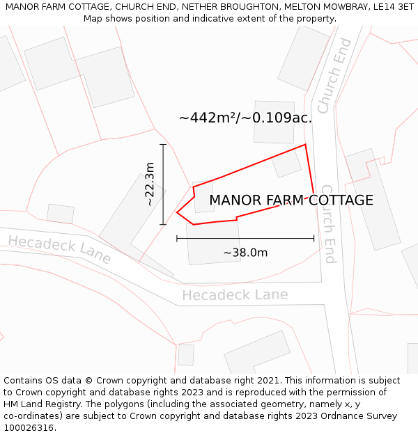 MANOR FARM COTTAGE, CHURCH END, NETHER BROUGHTON, MELTON MOWBRAY, LE14 3ET: Plot and title map