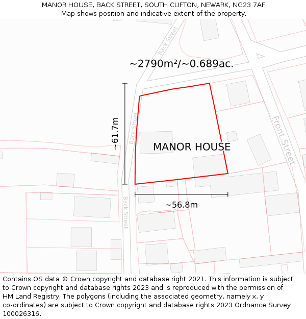 MANOR HOUSE, BACK STREET, SOUTH CLIFTON, NEWARK, NG23 7AF: Plot and title map