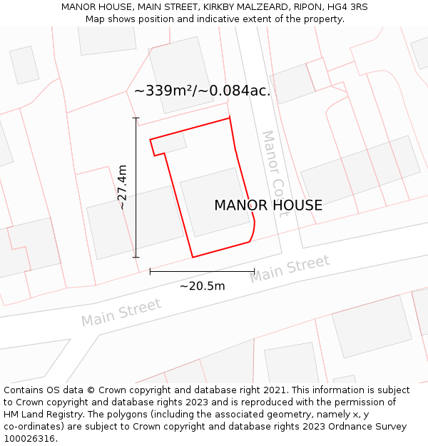 MANOR HOUSE, MAIN STREET, KIRKBY MALZEARD, RIPON, HG4 3RS: Plot and title map