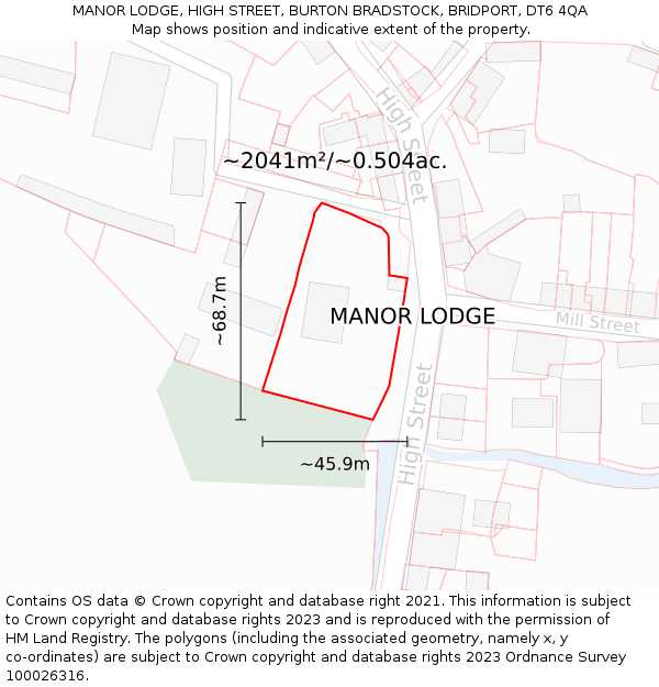 MANOR LODGE, HIGH STREET, BURTON BRADSTOCK, BRIDPORT, DT6 4QA: Plot and title map