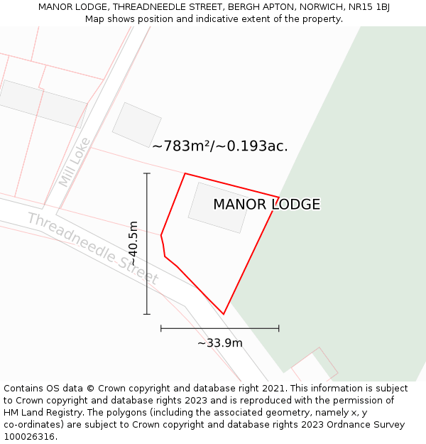 MANOR LODGE, THREADNEEDLE STREET, BERGH APTON, NORWICH, NR15 1BJ: Plot and title map