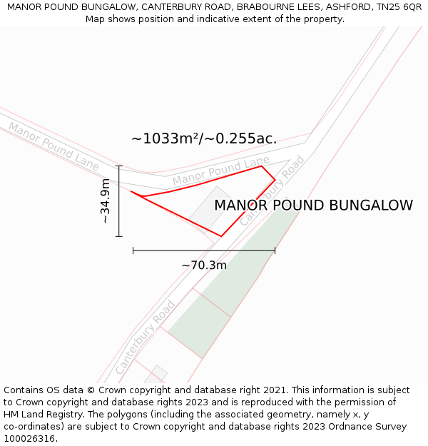 MANOR POUND BUNGALOW, CANTERBURY ROAD, BRABOURNE LEES, ASHFORD, TN25 6QR: Plot and title map