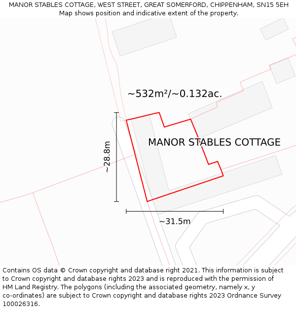 MANOR STABLES COTTAGE, WEST STREET, GREAT SOMERFORD, CHIPPENHAM, SN15 5EH: Plot and title map