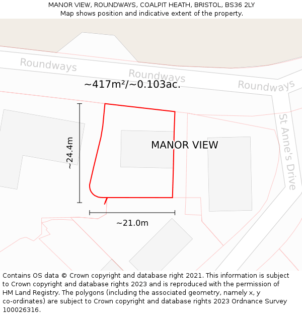 MANOR VIEW, ROUNDWAYS, COALPIT HEATH, BRISTOL, BS36 2LY: Plot and title map