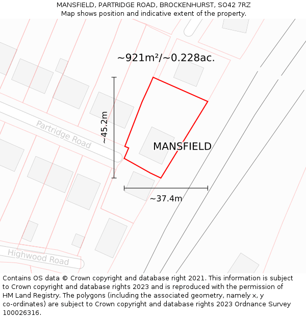 MANSFIELD, PARTRIDGE ROAD, BROCKENHURST, SO42 7RZ: Plot and title map
