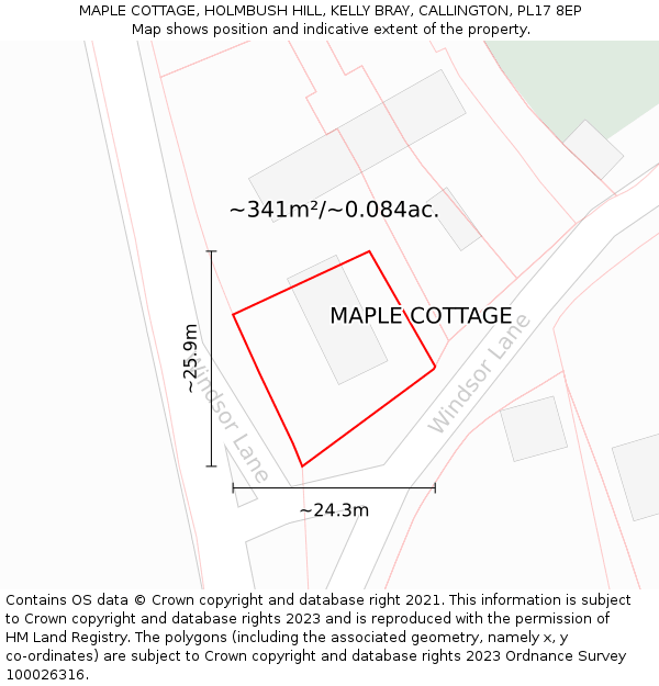 MAPLE COTTAGE, HOLMBUSH HILL, KELLY BRAY, CALLINGTON, PL17 8EP: Plot and title map