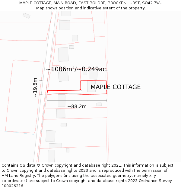 MAPLE COTTAGE, MAIN ROAD, EAST BOLDRE, BROCKENHURST, SO42 7WU: Plot and title map