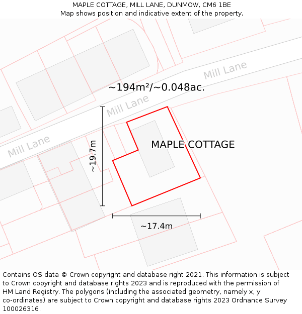 MAPLE COTTAGE, MILL LANE, DUNMOW, CM6 1BE: Plot and title map