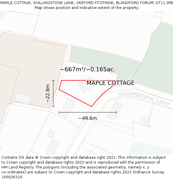 MAPLE COTTAGE, SHILLINGSTONE LANE, OKEFORD FITZPAINE, BLANDFORD FORUM, DT11 0RB: Plot and title map
