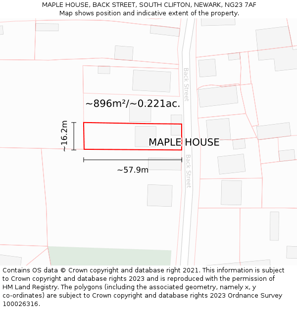 MAPLE HOUSE, BACK STREET, SOUTH CLIFTON, NEWARK, NG23 7AF: Plot and title map