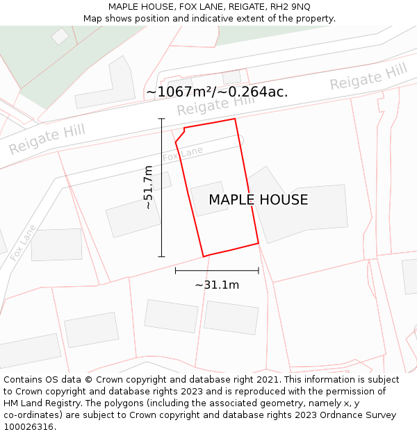 MAPLE HOUSE, FOX LANE, REIGATE, RH2 9NQ: Plot and title map