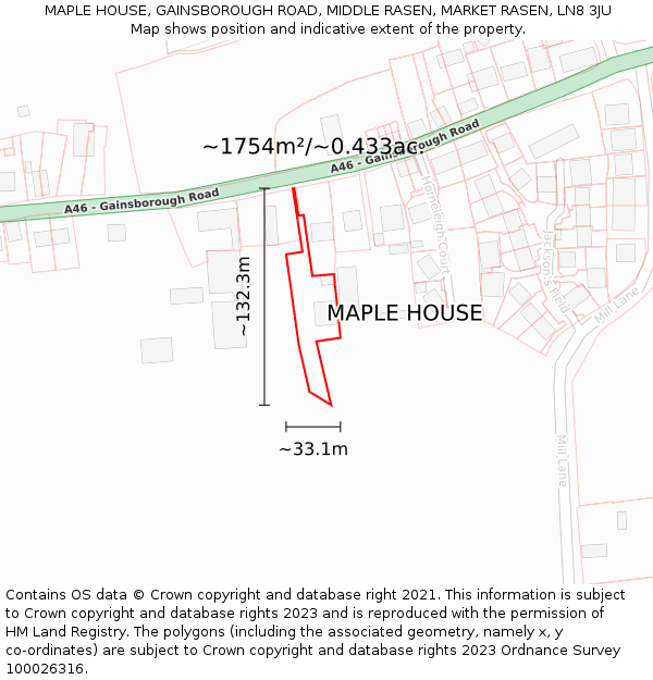 MAPLE HOUSE, GAINSBOROUGH ROAD, MIDDLE RASEN, MARKET RASEN, LN8 3JU: Plot and title map