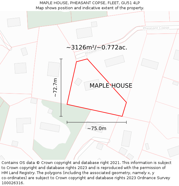 MAPLE HOUSE, PHEASANT COPSE, FLEET, GU51 4LP: Plot and title map