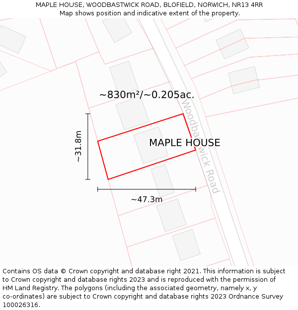 MAPLE HOUSE, WOODBASTWICK ROAD, BLOFIELD, NORWICH, NR13 4RR: Plot and title map