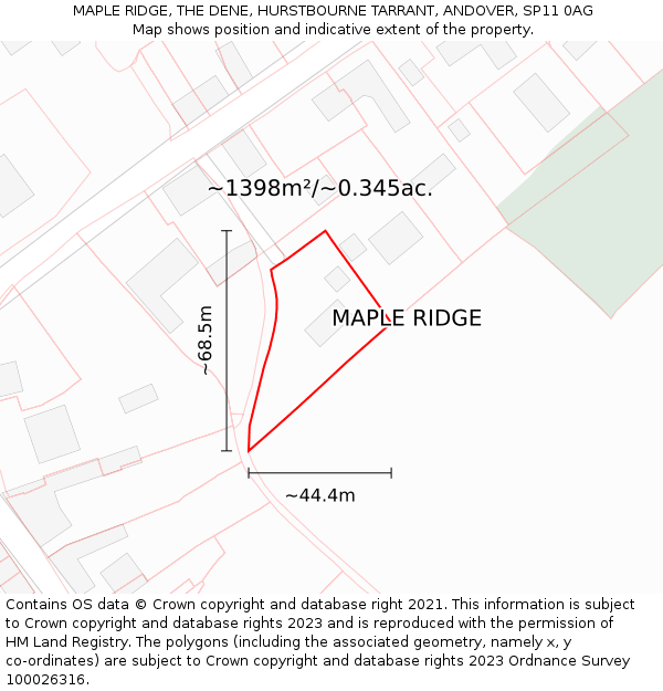 MAPLE RIDGE, THE DENE, HURSTBOURNE TARRANT, ANDOVER, SP11 0AG: Plot and title map