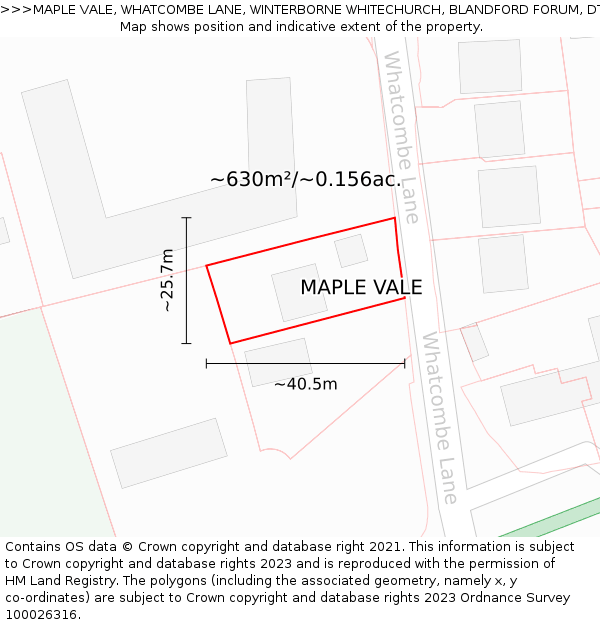 MAPLE VALE, WHATCOMBE LANE, WINTERBORNE WHITECHURCH, BLANDFORD FORUM, DT11 0AG: Plot and title map