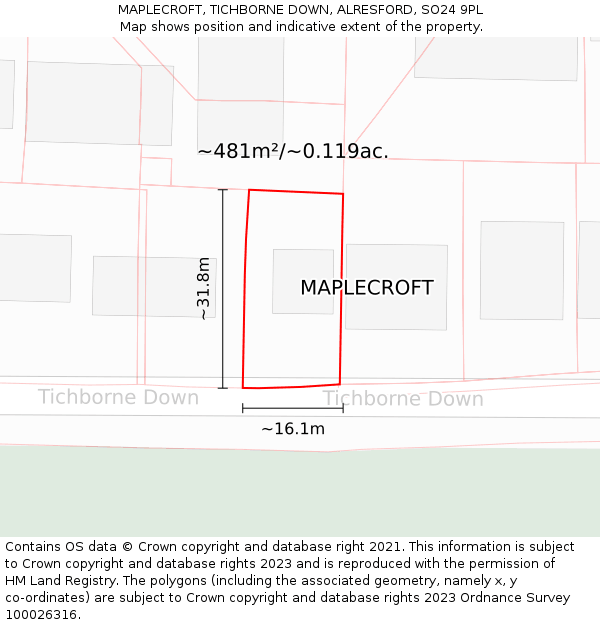 MAPLECROFT, TICHBORNE DOWN, ALRESFORD, SO24 9PL: Plot and title map