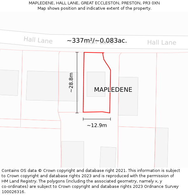 MAPLEDENE, HALL LANE, GREAT ECCLESTON, PRESTON, PR3 0XN: Plot and title map
