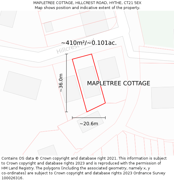 MAPLETREE COTTAGE, HILLCREST ROAD, HYTHE, CT21 5EX: Plot and title map