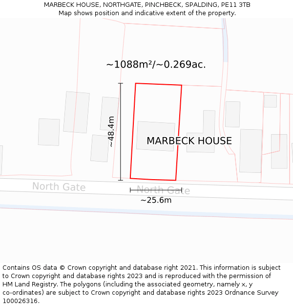 MARBECK HOUSE, NORTHGATE, PINCHBECK, SPALDING, PE11 3TB: Plot and title map