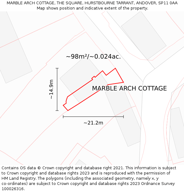 MARBLE ARCH COTTAGE, THE SQUARE, HURSTBOURNE TARRANT, ANDOVER, SP11 0AA: Plot and title map