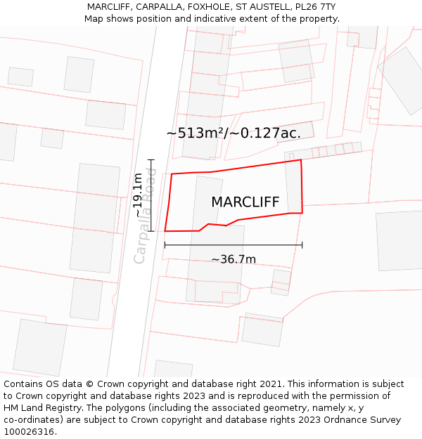 MARCLIFF, CARPALLA, FOXHOLE, ST AUSTELL, PL26 7TY: Plot and title map