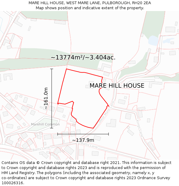 MARE HILL HOUSE, WEST MARE LANE, PULBOROUGH, RH20 2EA: Plot and title map