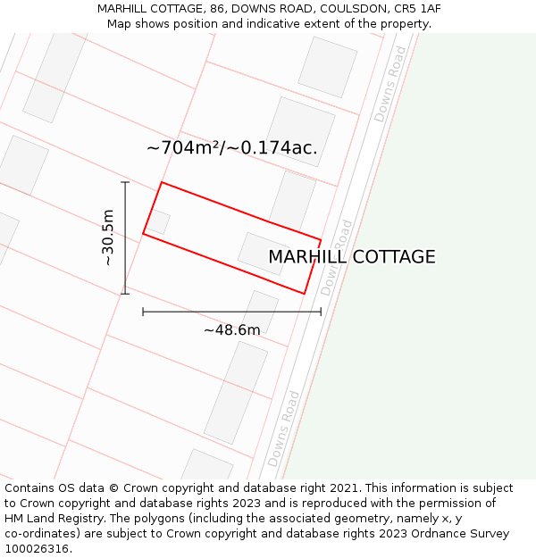 MARHILL COTTAGE, 86, DOWNS ROAD, COULSDON, CR5 1AF: Plot and title map