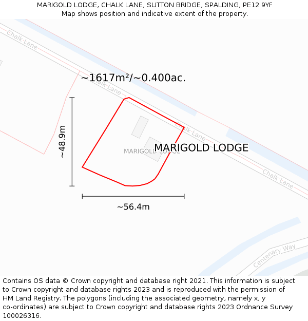 MARIGOLD LODGE, CHALK LANE, SUTTON BRIDGE, SPALDING, PE12 9YF: Plot and title map