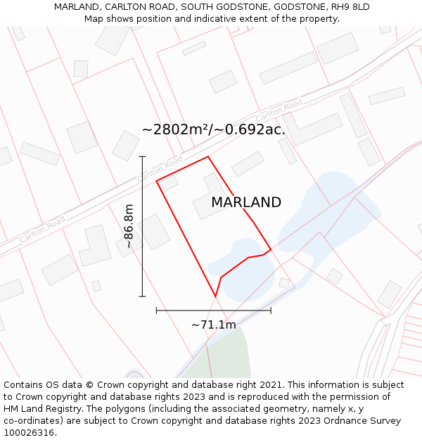 MARLAND, CARLTON ROAD, SOUTH GODSTONE, GODSTONE, RH9 8LD: Plot and title map