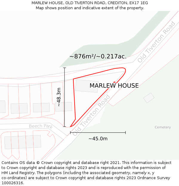 MARLEW HOUSE, OLD TIVERTON ROAD, CREDITON, EX17 1EG: Plot and title map