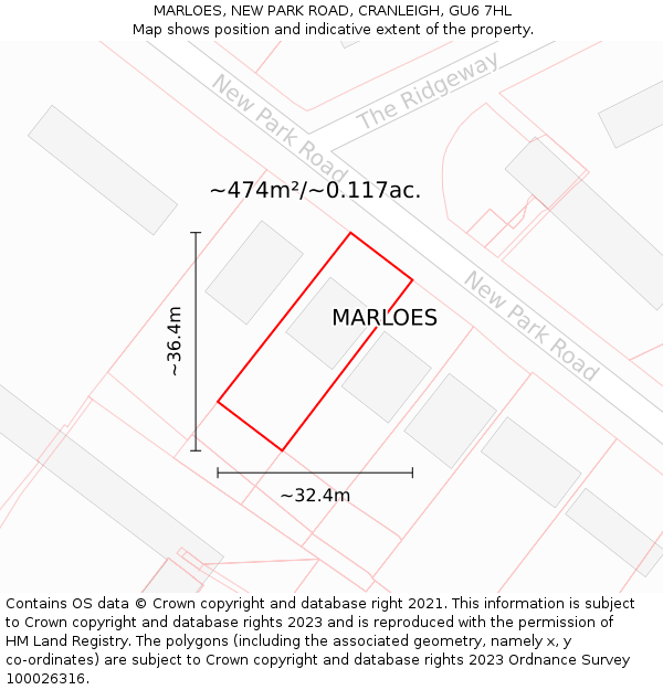 MARLOES, NEW PARK ROAD, CRANLEIGH, GU6 7HL: Plot and title map