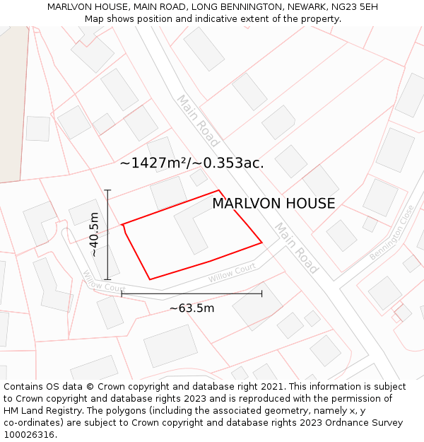 MARLVON HOUSE, MAIN ROAD, LONG BENNINGTON, NEWARK, NG23 5EH: Plot and title map