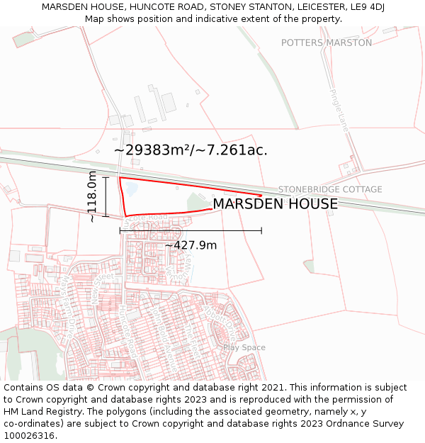MARSDEN HOUSE, HUNCOTE ROAD, STONEY STANTON, LEICESTER, LE9 4DJ: Plot and title map